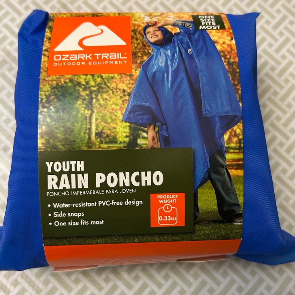 Youth Kid’s Ozark Trail Blue Rain Poncho 3/4 Sleeve Hooded Raincoat